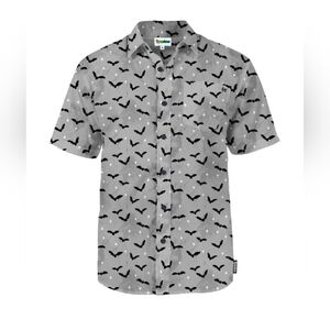 Tipsy Elves Gray Short-Sleeve Button-Down Shirt with Black Bat Print